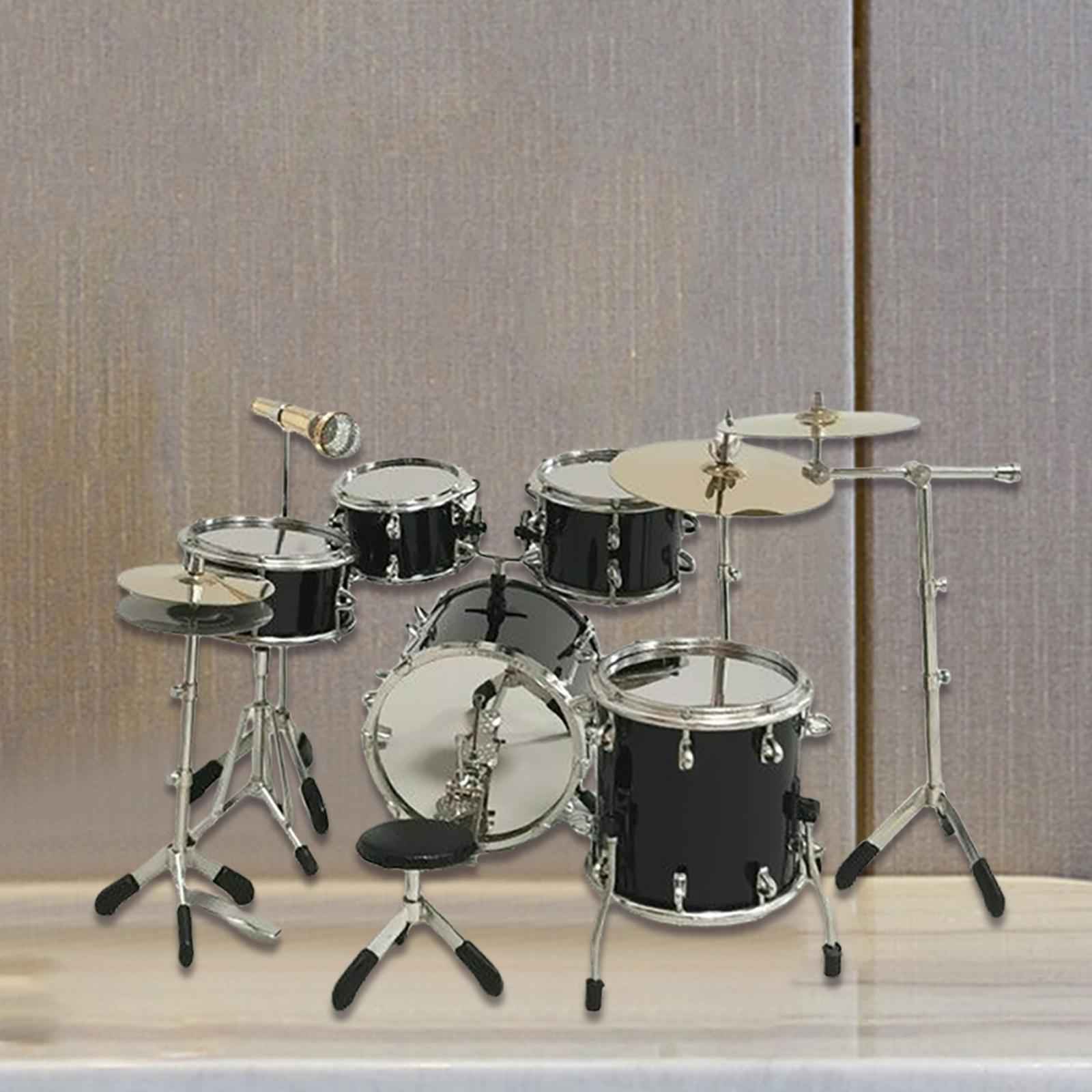 8x Realistic Mini Drum Set Music Instrument Accessories for Dollhouse Black
