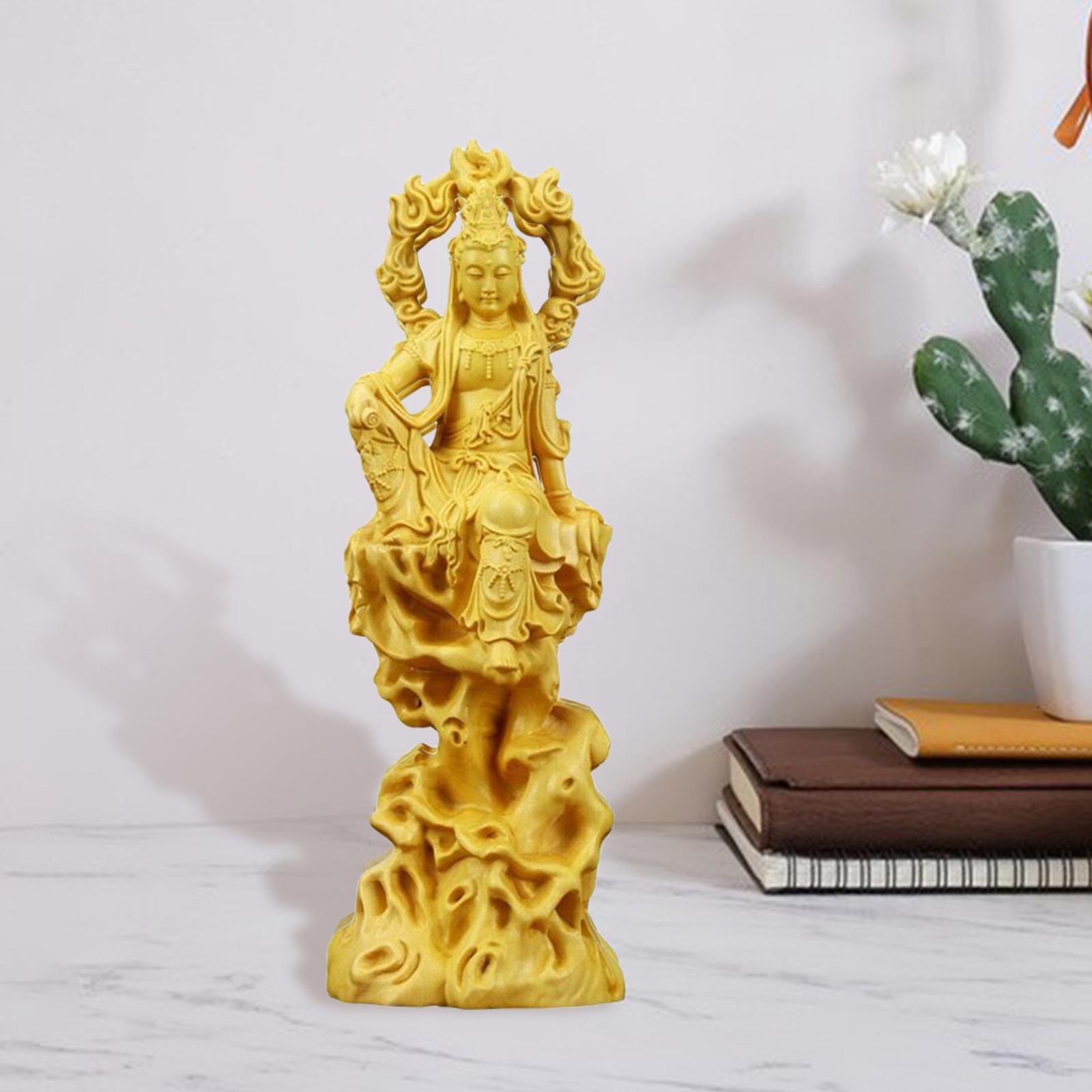 Carving Guanyin Statue Wall Sculpture Wood for Living Room Desktop Office