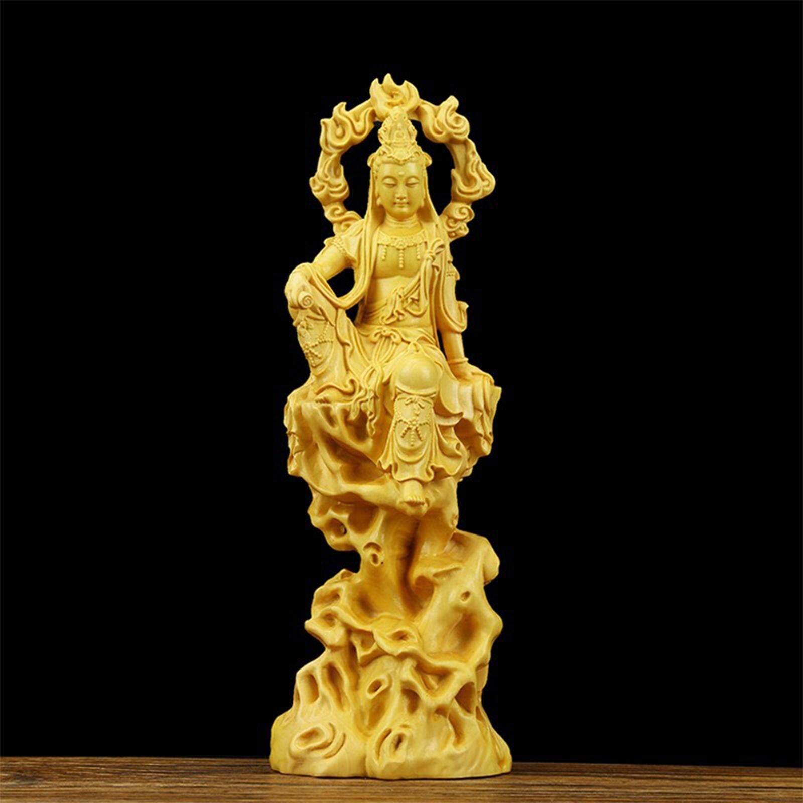 Carving Guanyin Statue Wall Sculpture Wood for Living Room Desktop Office
