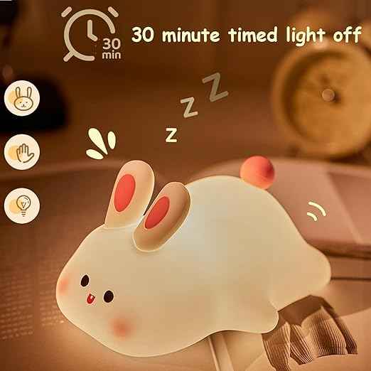 Cute Little Rabbit Silicone Night Light with touch control and rechargeable LED—ideal for children’s rooms and gifting for couples or loved ones.