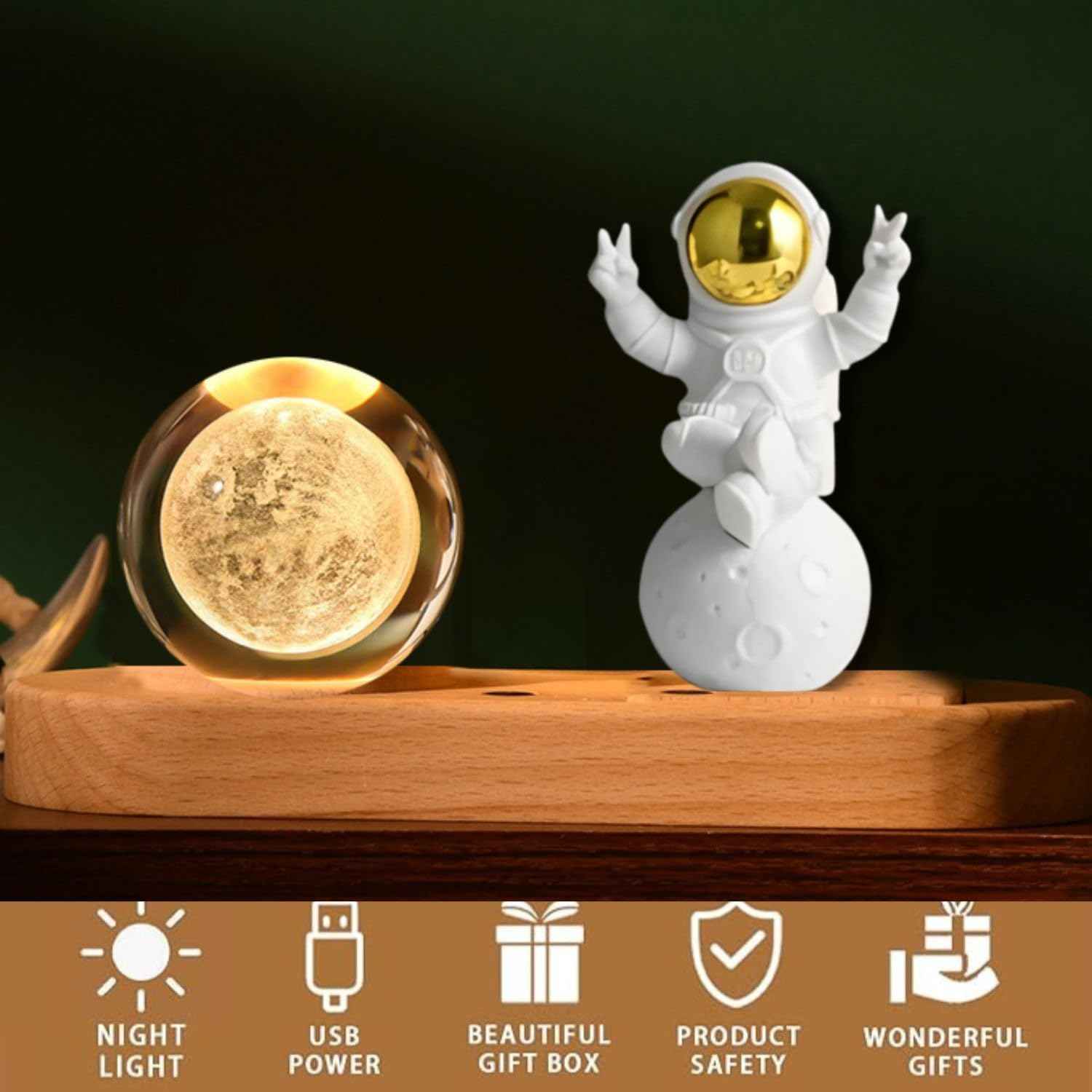 3D Acrylic LED Night Light with Durable Plastic Base Decorative Table Lamp (Crystal Moon Lamp with Astronaut)
