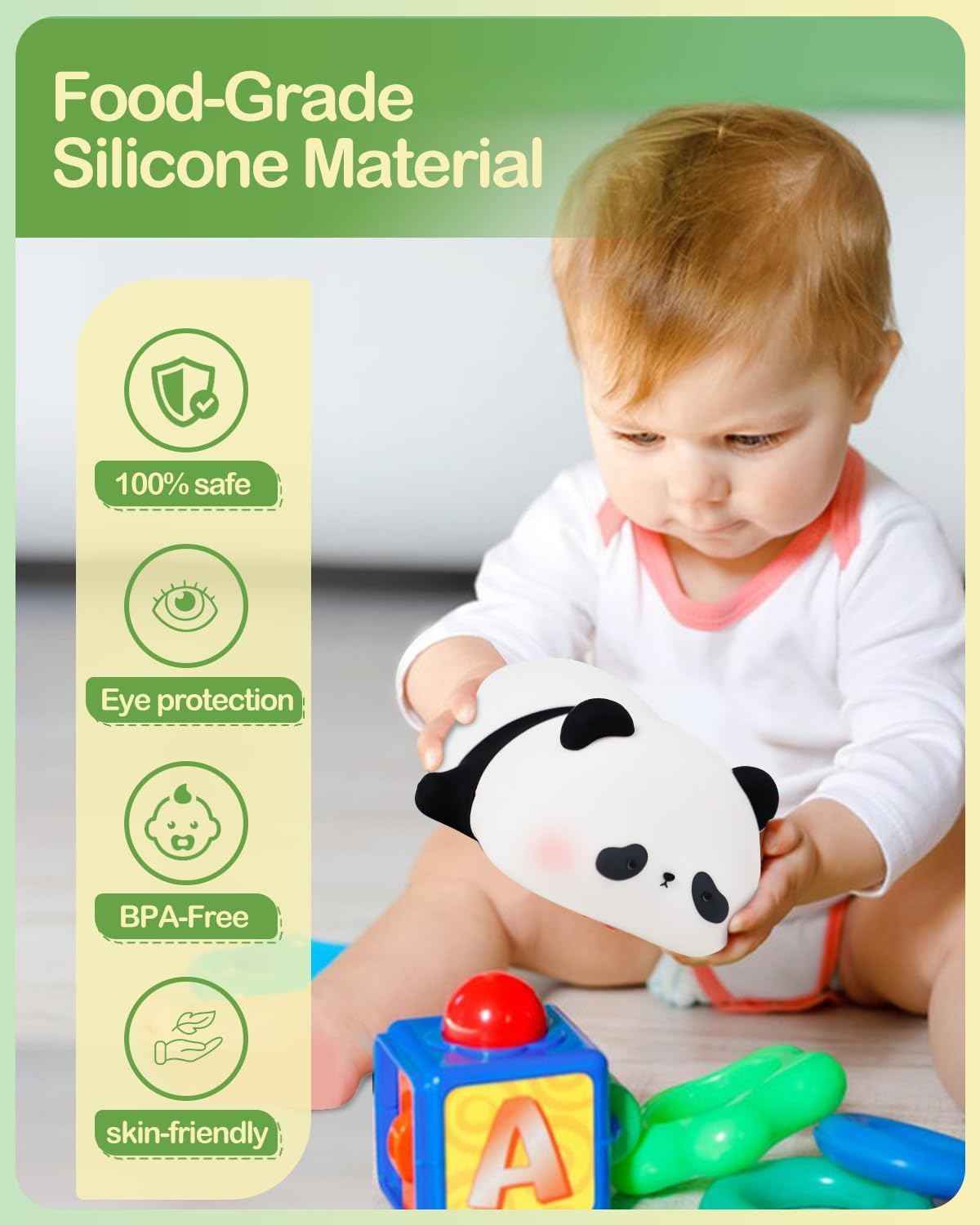 Kids’ Sleeping Panda Touch Night Lamp with soft silicone, rechargeable LED—perfect for bedrooms, romantic décor, or Valentine’s gifts.