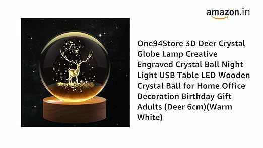 Decorative 3D Deer Crystal Ball Night Lamp with Wooden Base – USB LED Light (Warm White)