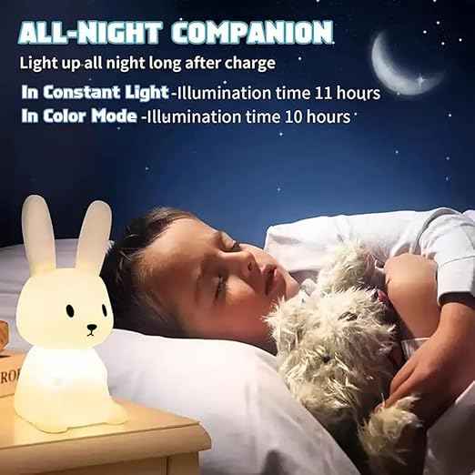 Cute Rabbit Silicone Night Lamp with 7-color LED lighting, tap touch control, and USB recharge—ideal for baby and toddler bedrooms.