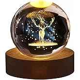 Decorative 3D Deer Crystal Ball Night Lamp with Wooden Base – USB LED Light (Warm White)