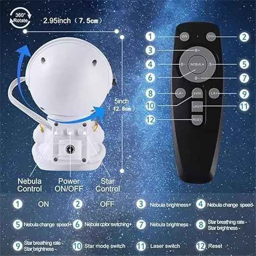 Astronaut LED Galaxy Projector Lamp with rotating 360° nebula stars, remote control, timer, and adjustable head – great for kids’ bedrooms, toys, and home decoration.