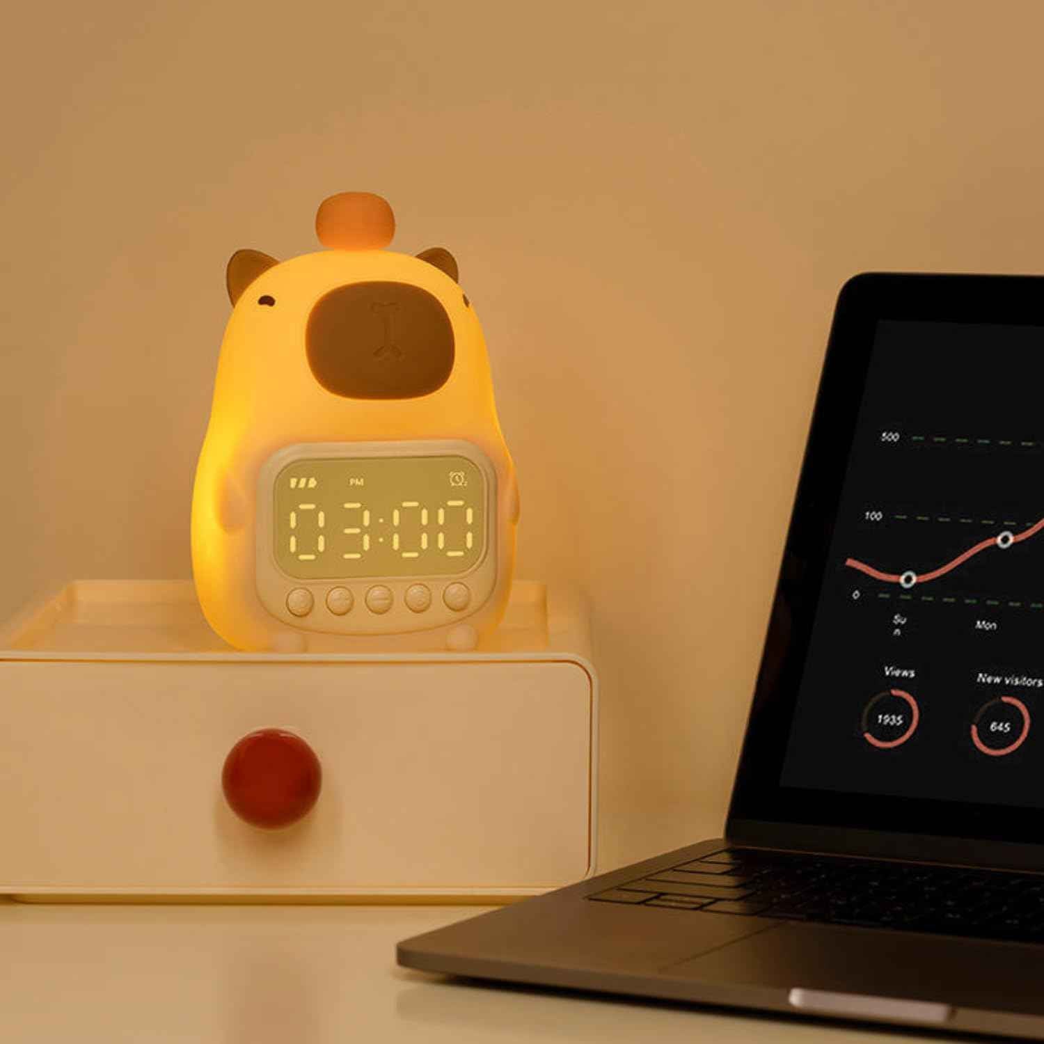 Bear Style Digital Bedside Clock with LED display, night lamp, snooze alarm, timer, and temperature function – suitable for kids’ rooms and home décor.