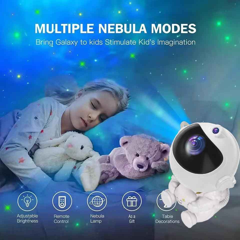 Astronaut LED Galaxy Projector Lamp with rotating 360° nebula stars, remote control, timer, and adjustable head – great for kids’ bedrooms, toys, and home decoration.