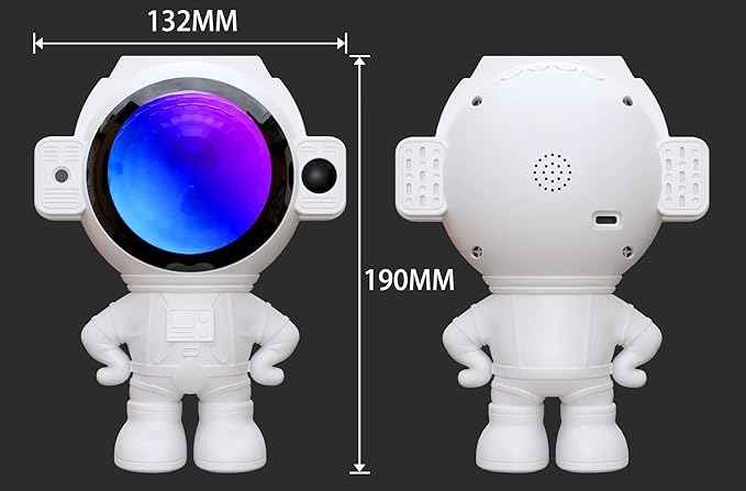 Astronaut Star Projector with dual 4W LEDs, 180° moon, star & cloud projection, Bluetooth, voice/music modes, remote control, USB powered.