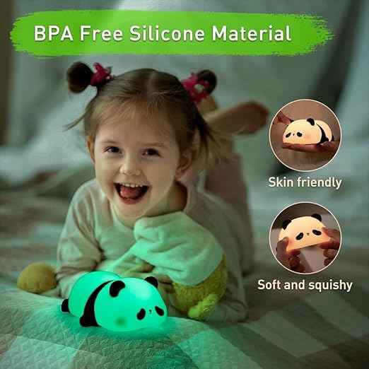 Kids’ Sleeping Panda Touch Night Lamp with soft silicone, rechargeable LED—perfect for bedrooms, romantic décor, or Valentine’s gifts.