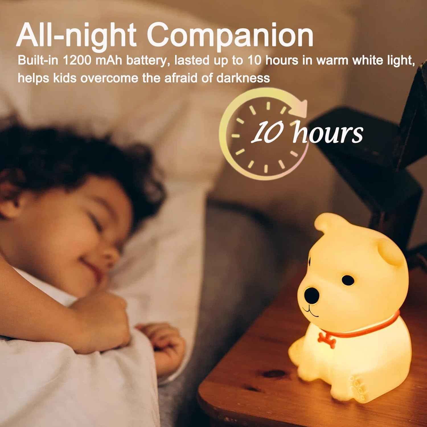 Color-Changing Puppy Night Light with soft silicone and USB recharge—suitable for kids, adults, and pet enthusiasts.