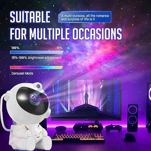 Astronaut LED Galaxy Projector Lamp with rotating 360° nebula stars, remote control, timer, and adjustable head – great for kids’ bedrooms, toys, and home decoration.