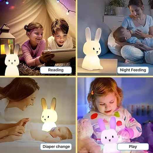 Cute Rabbit Silicone Night Lamp with 7-color LED lighting, tap touch control, and USB recharge—ideal for baby and toddler bedrooms.