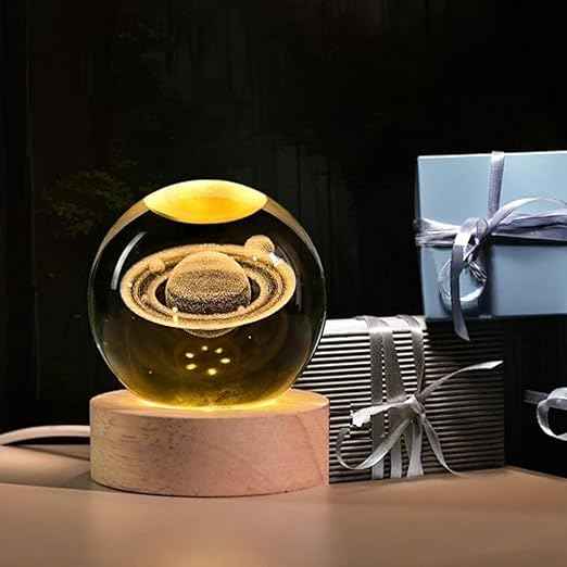 3D Acrylic LED Night Light with Durable Plastic Base Decorative Table Lamp (Saturn Crystal Globe Lamp)