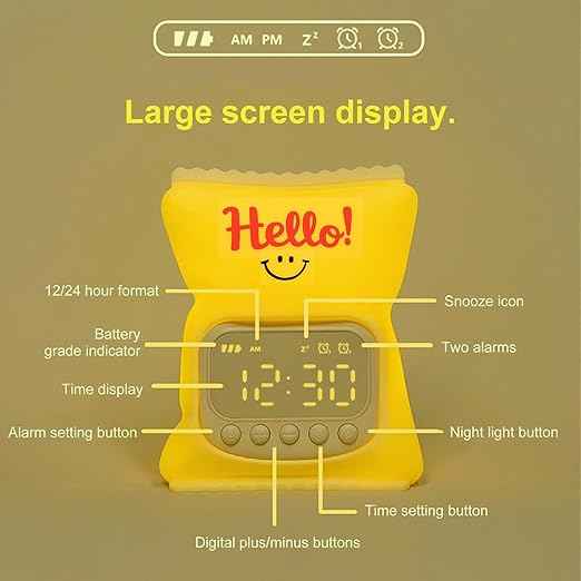 LED Digital Alarm Clock with night light, snooze, timer, and temperature display—fun cartoon style for kids’ rooms and home.
