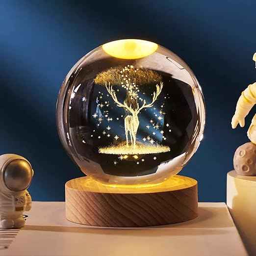 Decorative 3D Deer Crystal Ball Night Lamp with Wooden Base – USB LED Light (Warm White)
