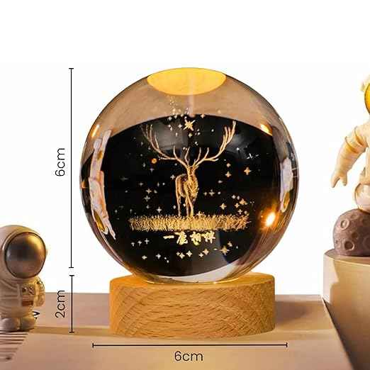 Decorative 3D Deer Crystal Ball Night Lamp with Wooden Base – USB LED Light (Warm White)