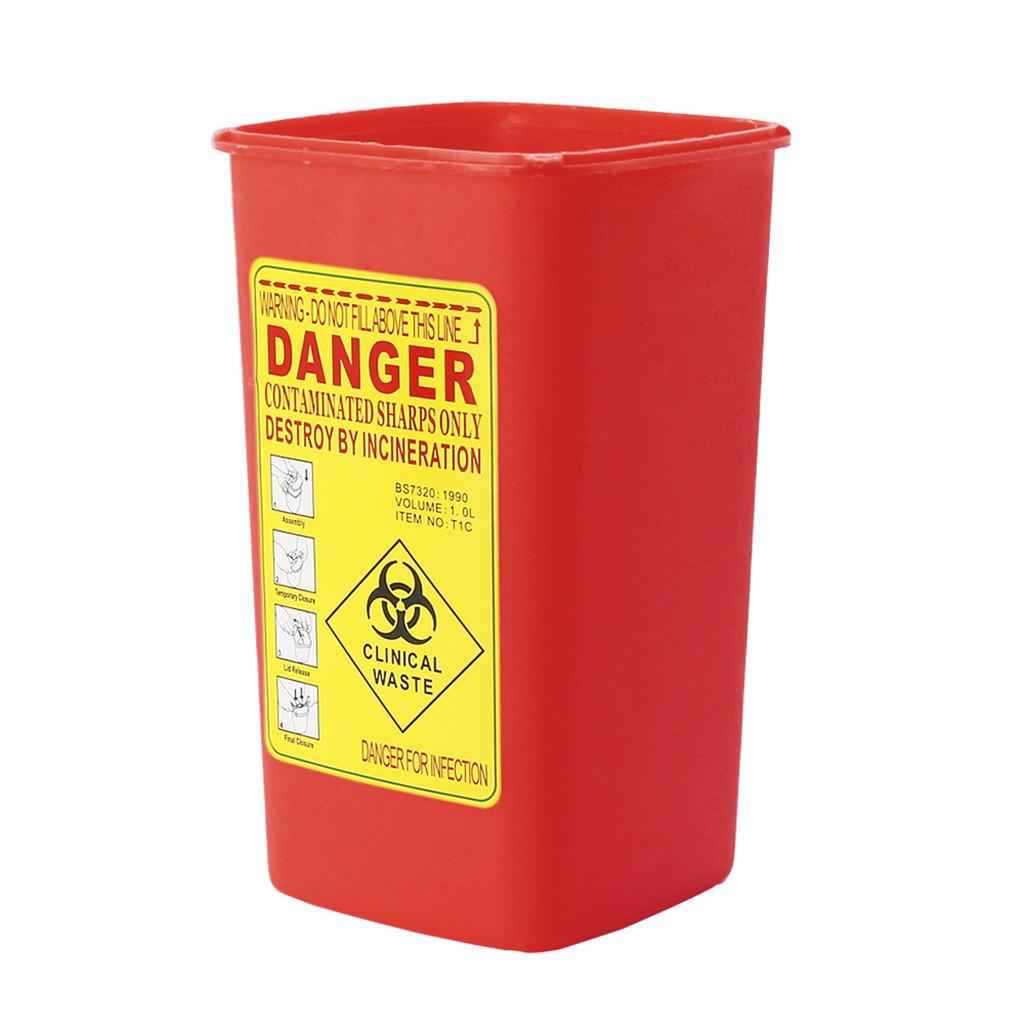Red Sharps Bin Needle Blade Waste Disposal Container with Locking Lid 1.0L