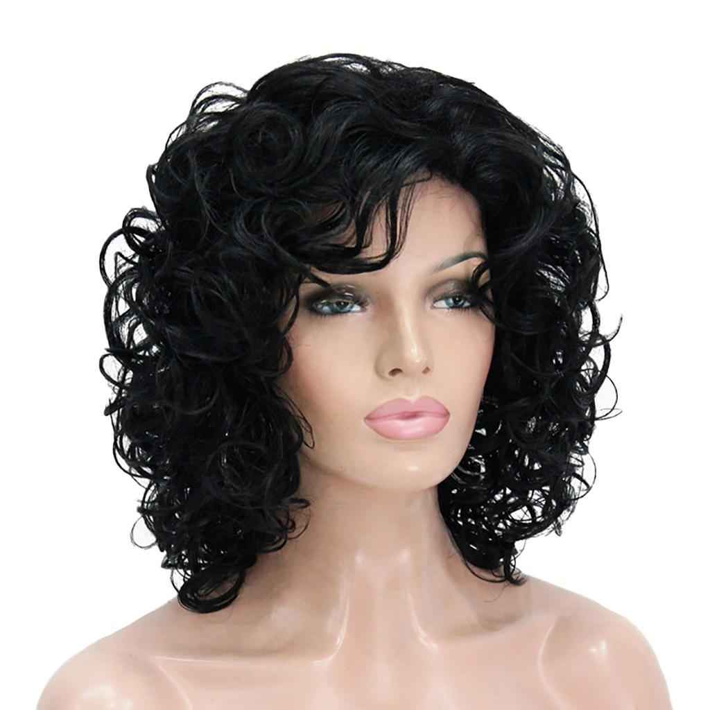 14" Elegant Women Short Fluffy Kinky Wavy Curly Synthetic Hair Wigs Black