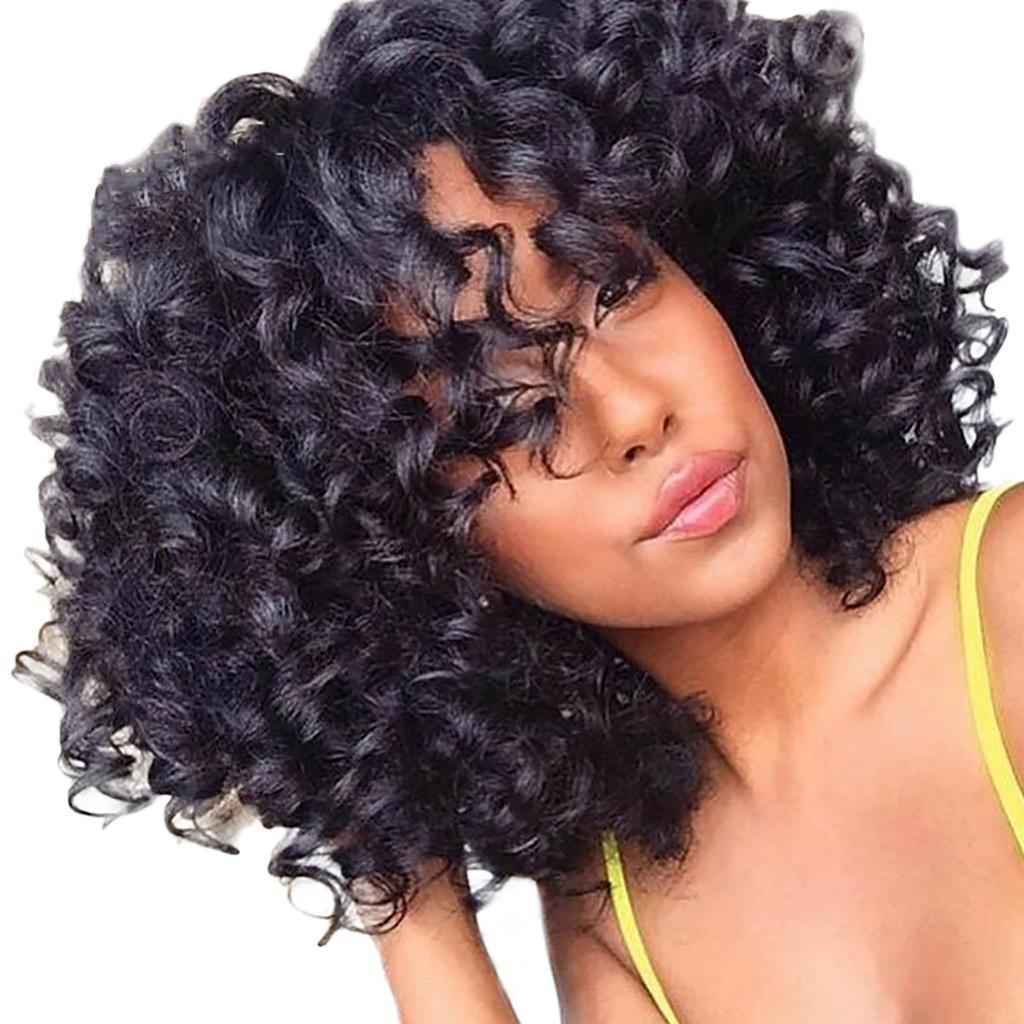 14" Elegant Women Short Fluffy Kinky Wavy Curly Synthetic Hair Wigs Black