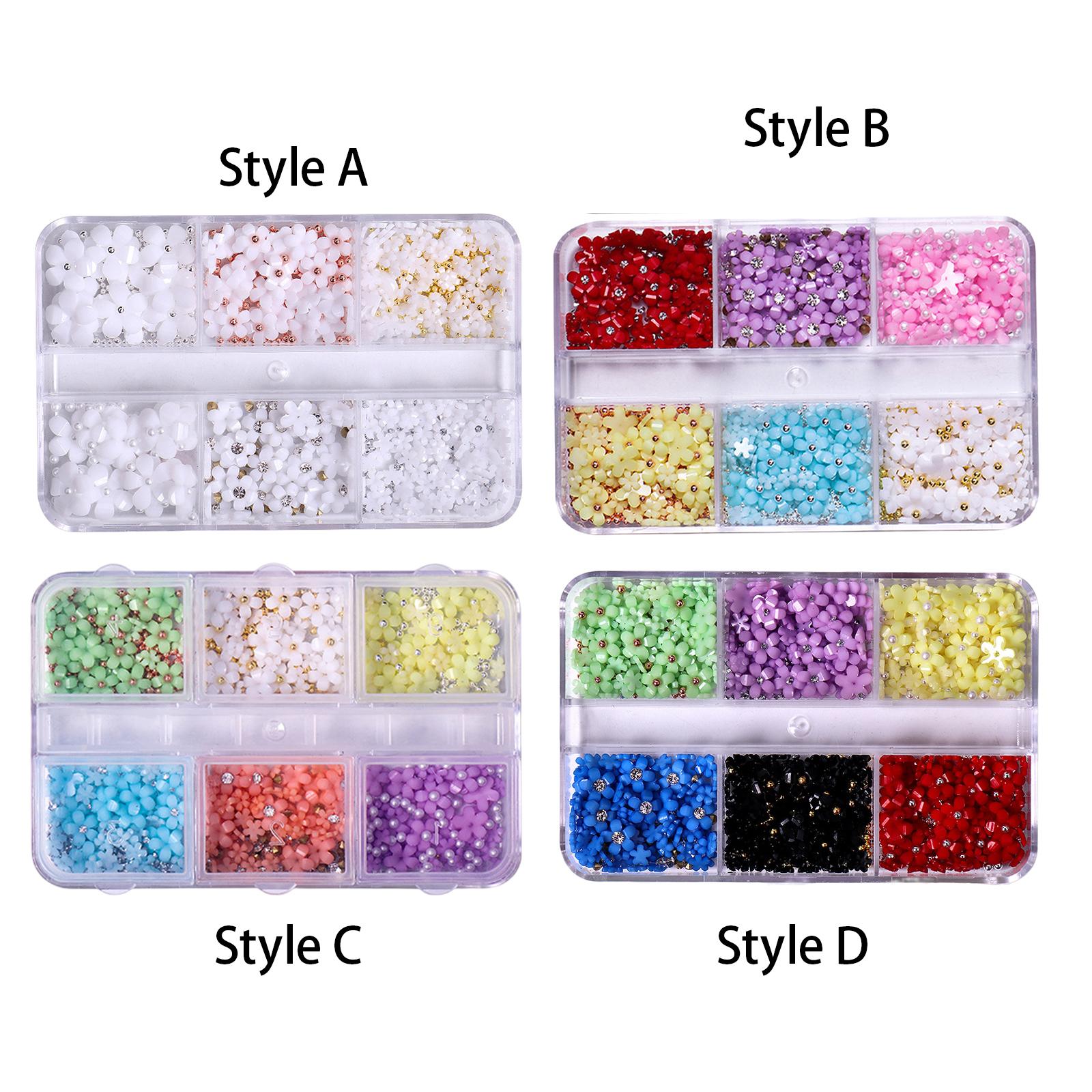 4xMixed 3D Flower Nail Charms 6 Grids Nail Decoration Supplies for Nail Crafts Style A