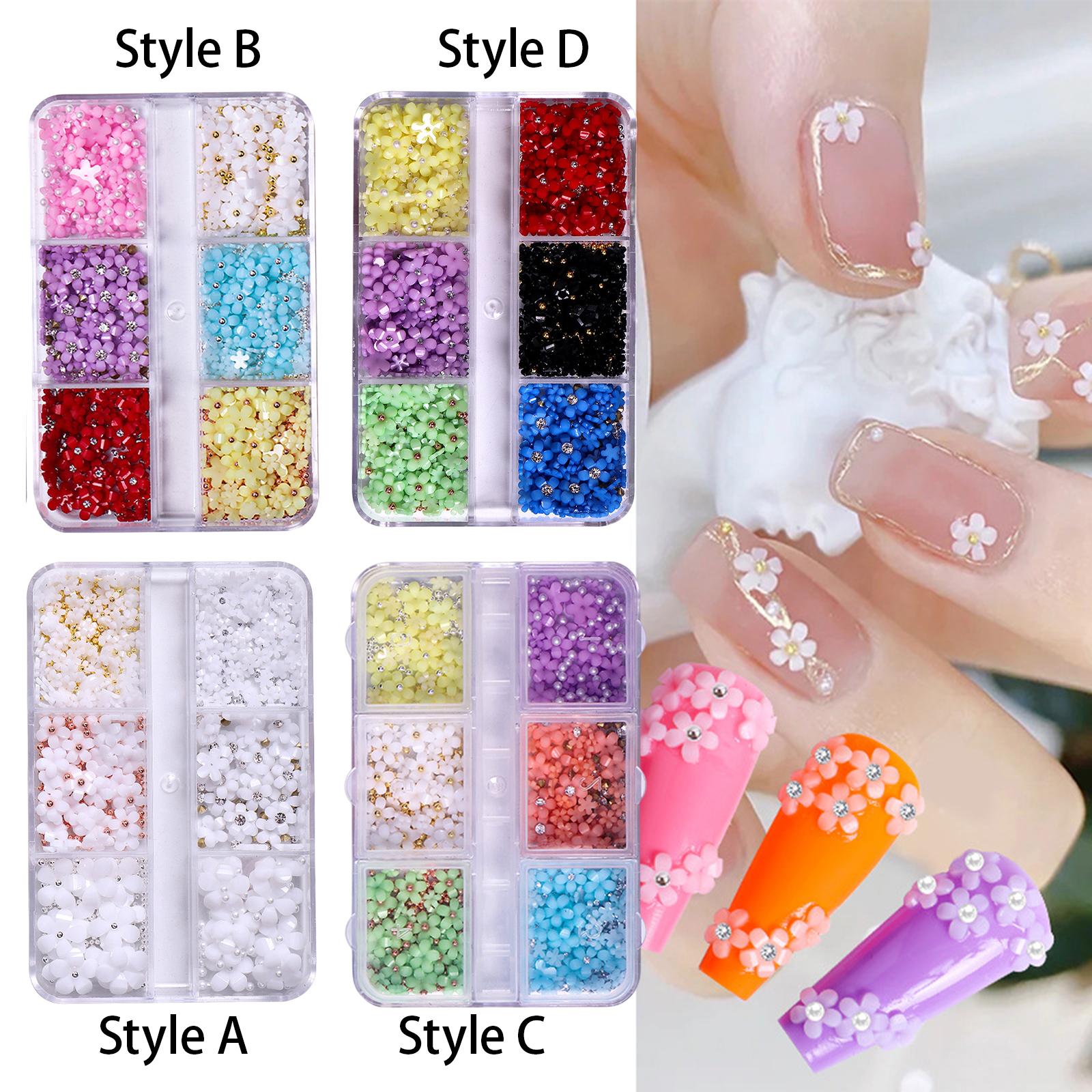 2xMixed 3D Flower Nail Charms 6 Grids Nail Decoration Supplies for Nail Crafts Style A