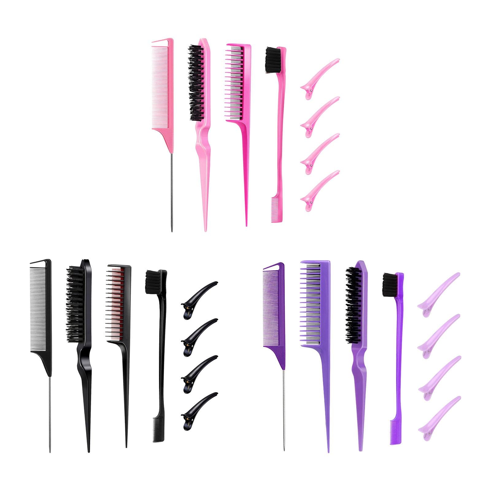 3x8x Professional Hair Styling Comb Set Teasing Comb Sturdy Bristles Hair Brush Pink
