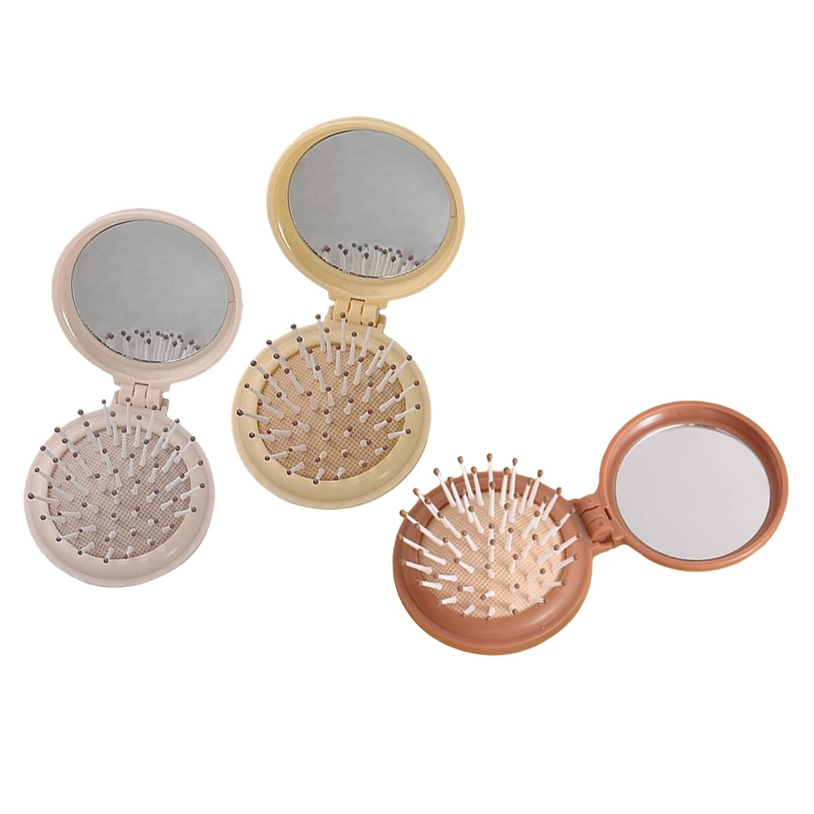 4xFolding Mirror Comb Travel Size Portable Mini Hair Brush for Children Adults Apricot