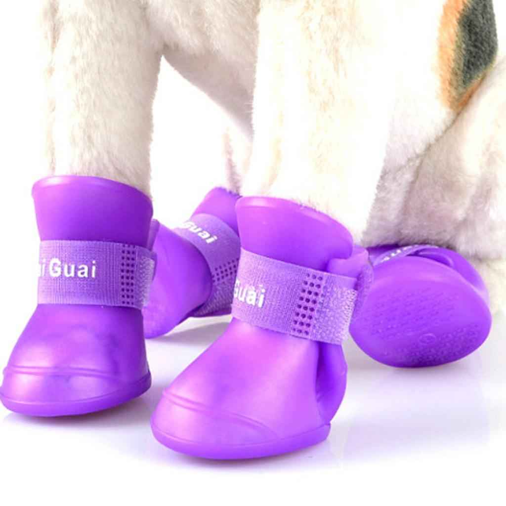 4 Waterproof Dog Puppy Cat Rubber Pet Rain Boots Anti-Slip Shoes Purple_S
