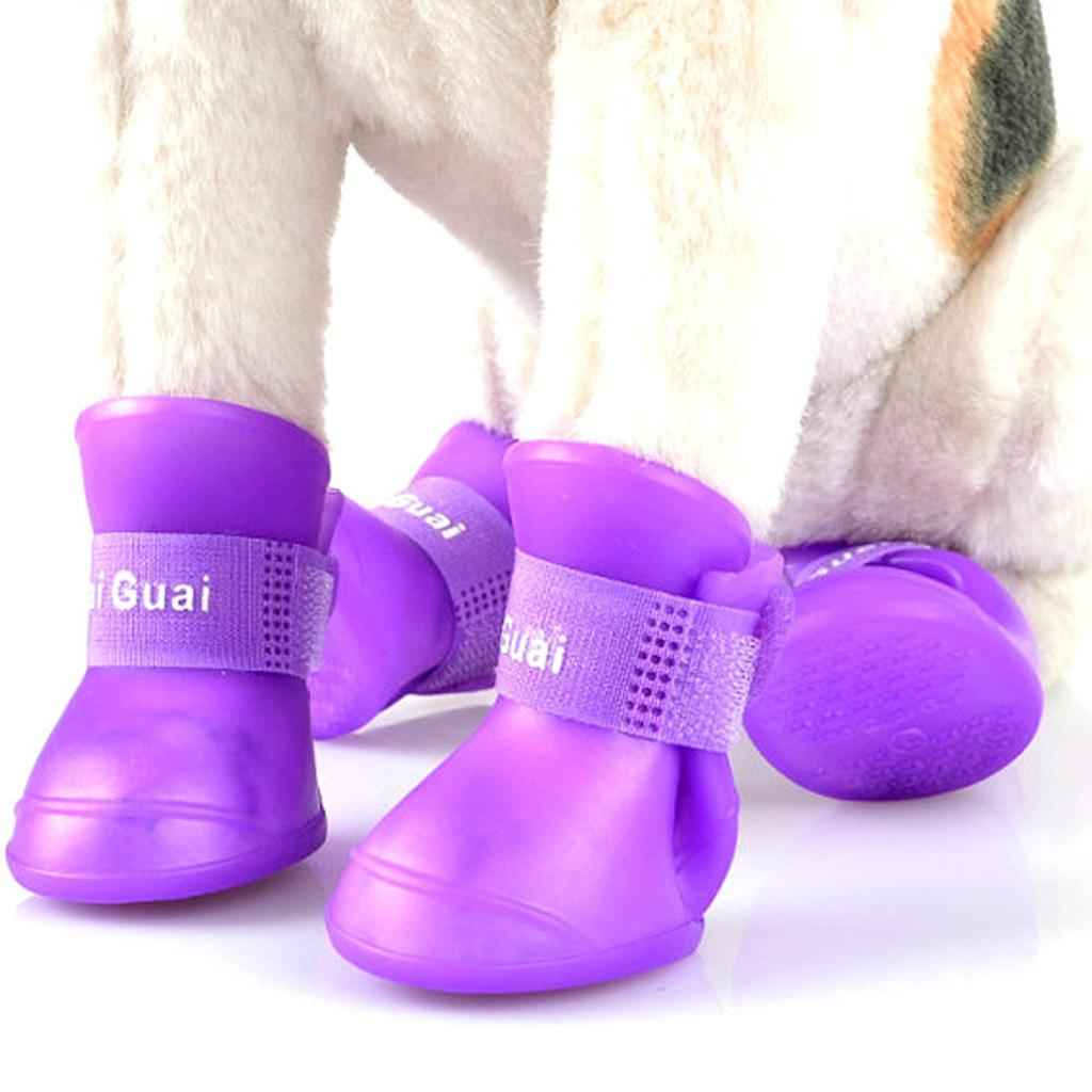 4 Waterproof Dog Puppy Cat Rubber Pet Rain Boots Anti-Slip Shoes Purple_M