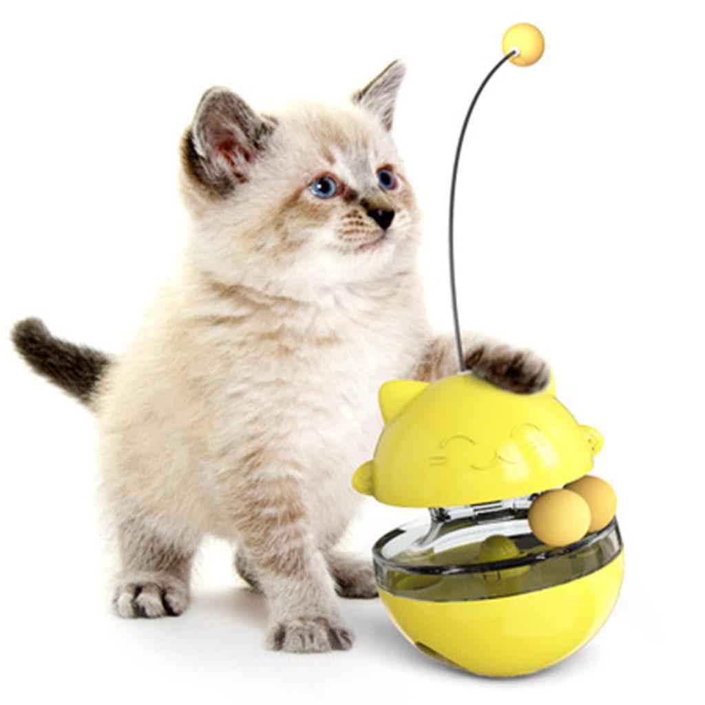 Cat Food Dispenser Treat Toy Slow Feeder Fun Tumbler IQ Training Toy Yellow