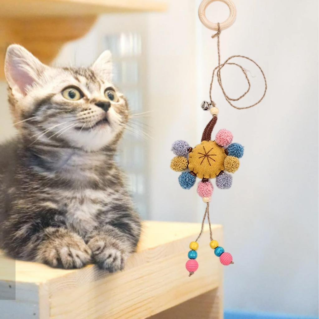 Cat Teaser Toy Funny Interactive Cat Toys Wood Ring Hanging with Bell Flower