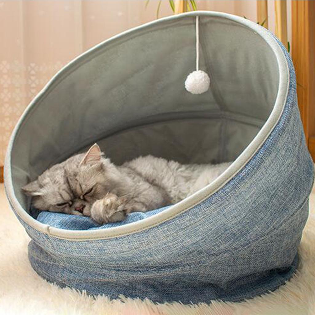 Comfortable Cat Cave Bed Warm Nest Deep Sleeping Pet Foldable Kennel Blue