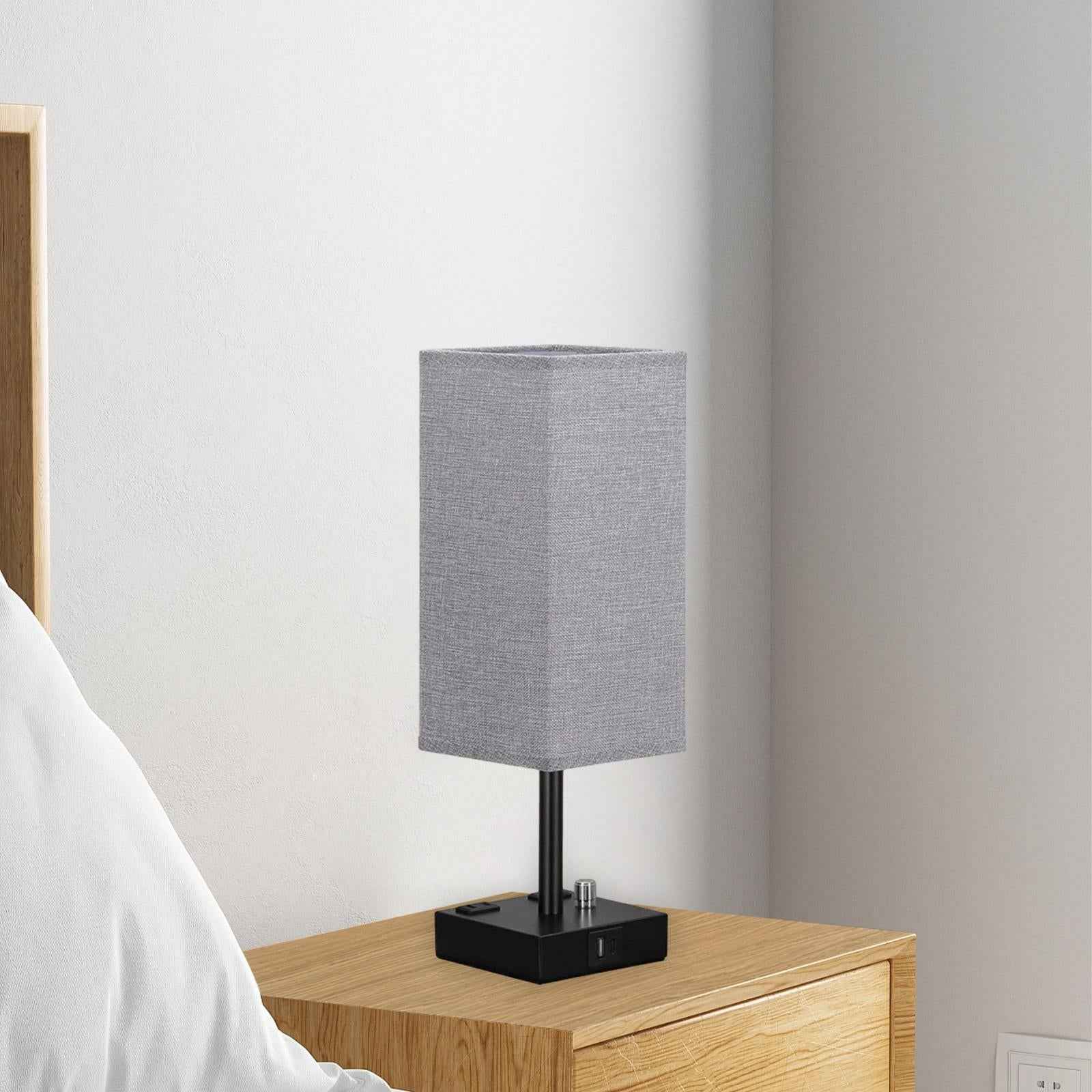 Bedside Lamp with USB Port with Outlet with Black Metal Base Bedroom Lamp Gray