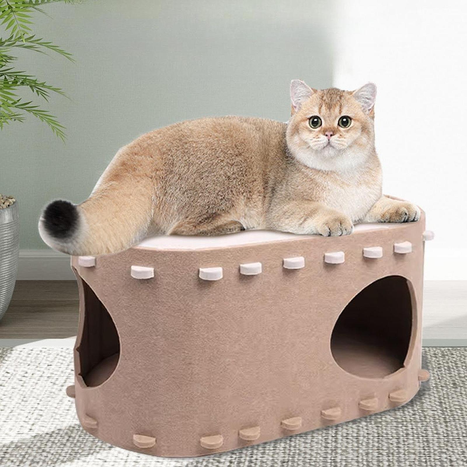 Cat Bed Cave Cat Tunnel Tent Hut Multiple Cats Enclosed Bed Warm Cat House Khaki