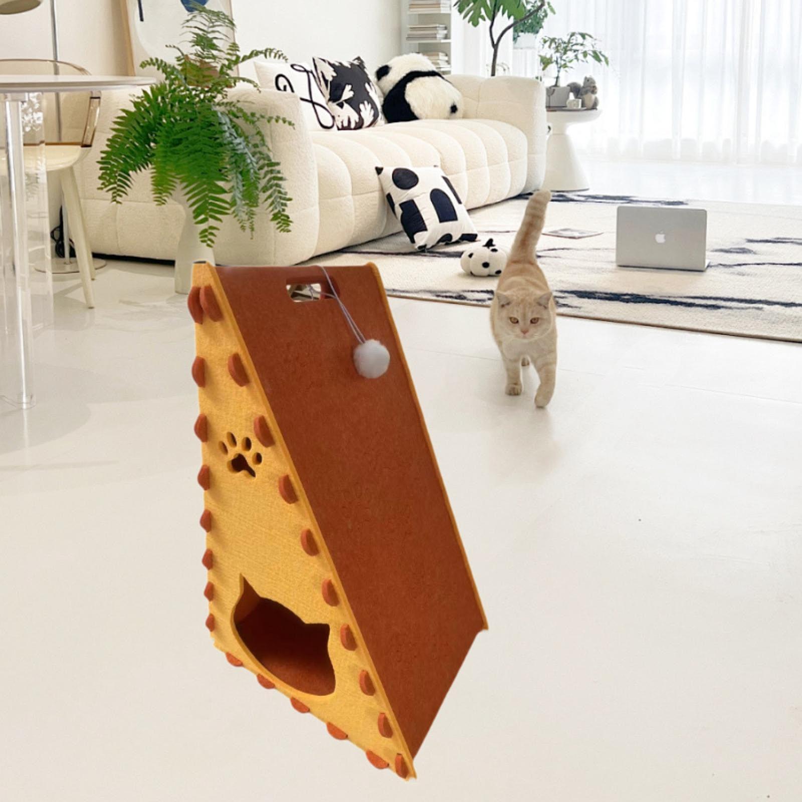 Cat House Indoor Use Privacy Cat Bed Cave Felt Enclosed Interactive Ball Toy Orange Yellow