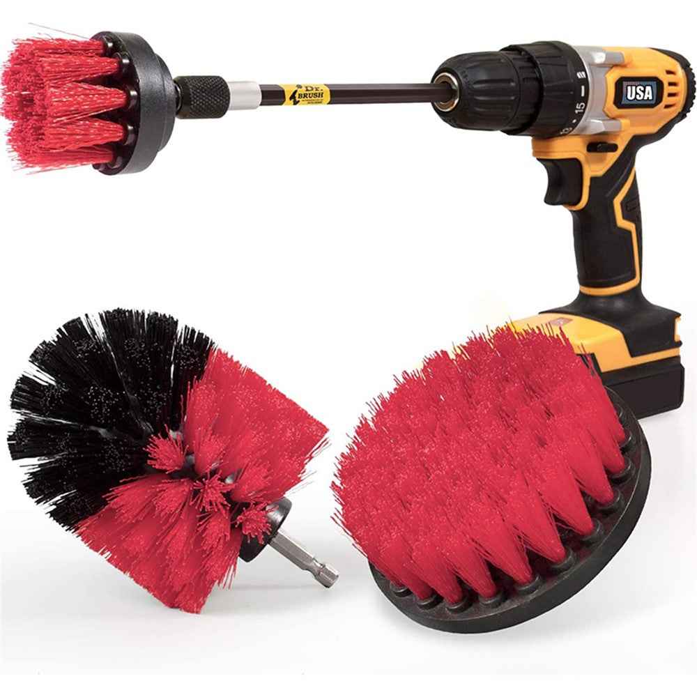 HX666 4pcs/set Drill Power Scrub Clean Brush Kit Electric Cleaning Brushes Set for Car Grout Tiles Bathroom - Red
