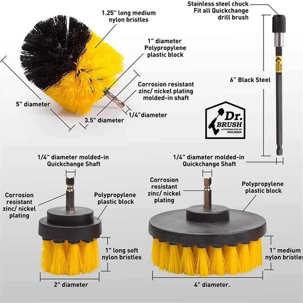 HX666 4pcs/set Drill Power Scrub Clean Brush Kit Electric Cleaning Brushes Set for Car Grout Tiles Bathroom - Yellow