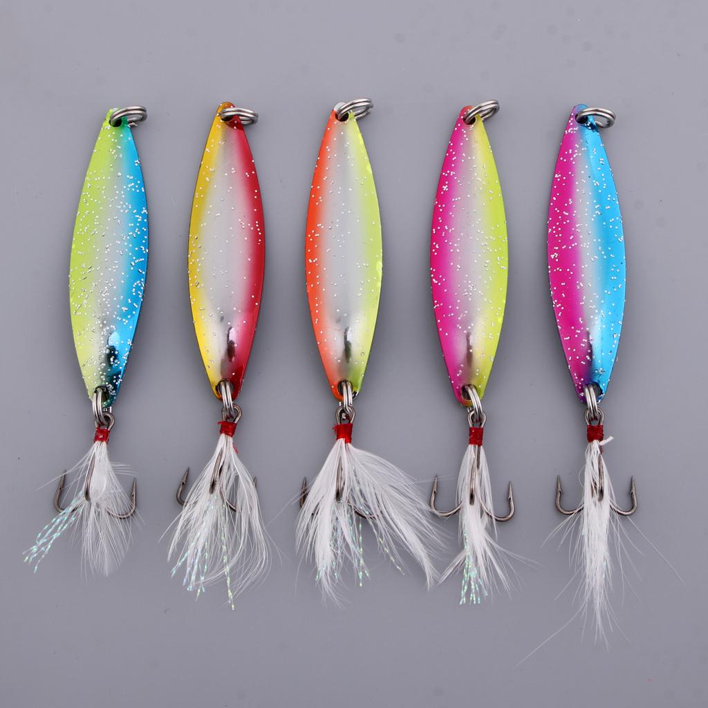 5pcs Spoon Hard Fishing Lure Treble Hook Salmon Bass Metal Fishing Baits 14g