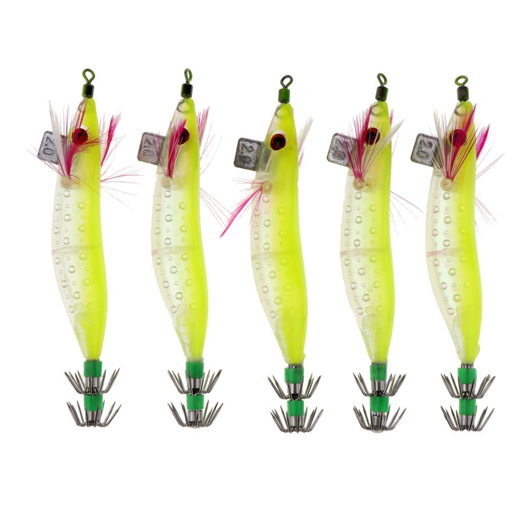 5pcs Luminous Squid Jigs Saltwater Fishing Lures Octopus Squid Hooks Yellow