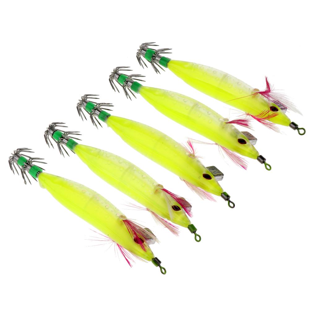5pcs Luminous Squid Jigs Saltwater Fishing Lures Octopus Squid Hooks Yellow