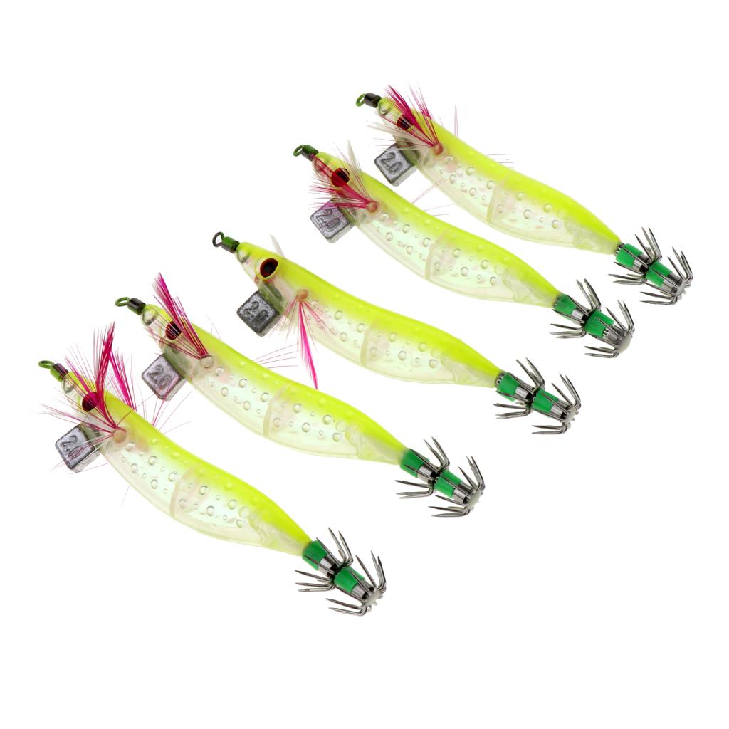 5pcs Luminous Squid Jigs Saltwater Fishing Lures Octopus Squid Hooks Yellow