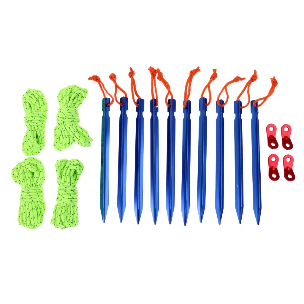 10 Pieces Tent Pegs & 4mm Reflective Guy Lines Cord Tensioner Pouch Set Blue