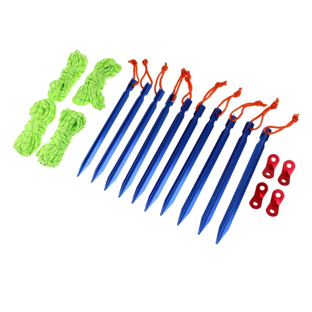 10 Pieces Tent Pegs & 4mm Reflective Guy Lines Cord Tensioner Pouch Set Blue