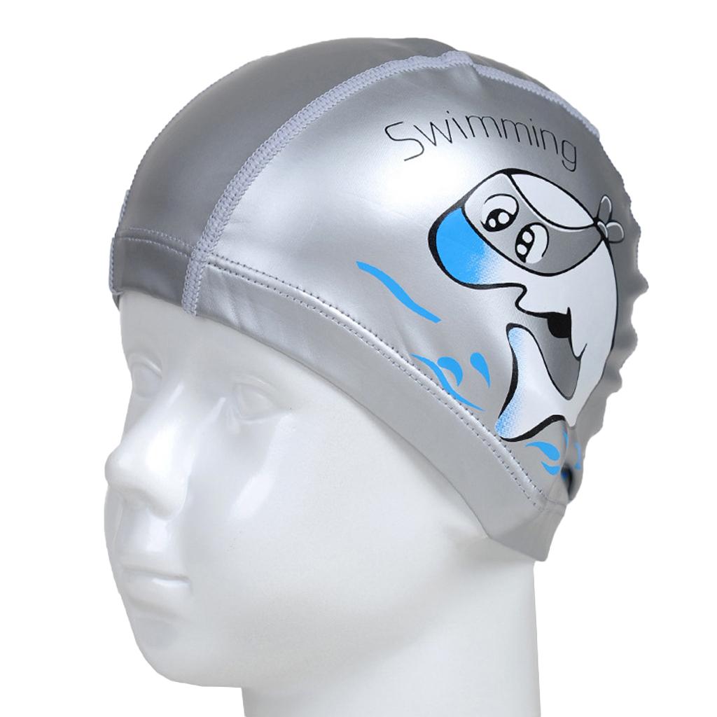 Children's Waterproof Cartoon Dolphin Swimming Cap Ear Protection Silver
