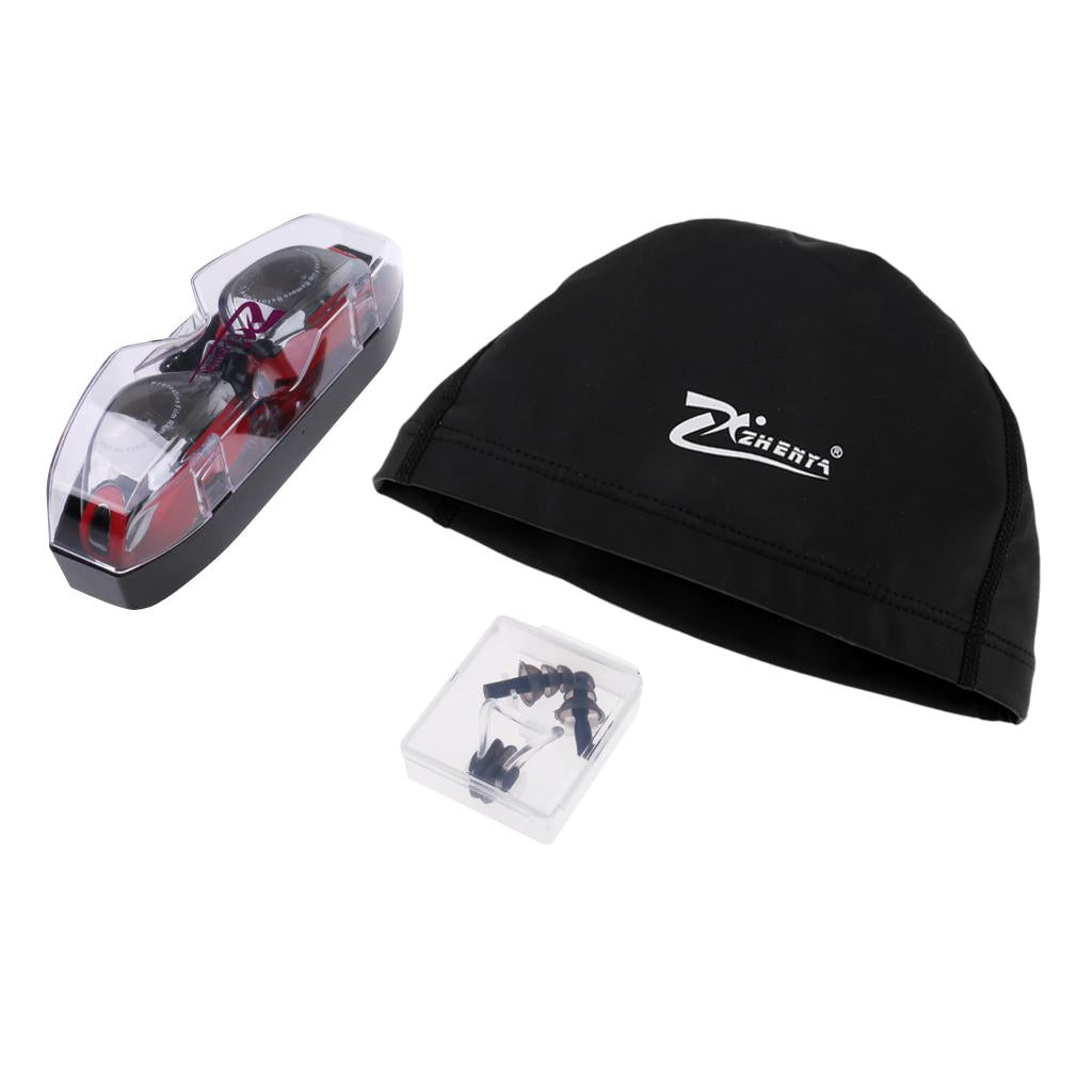 Anti Fog Swimming Goggles with Case + Swim Cap + Nose Clip + Ear Plugs Red