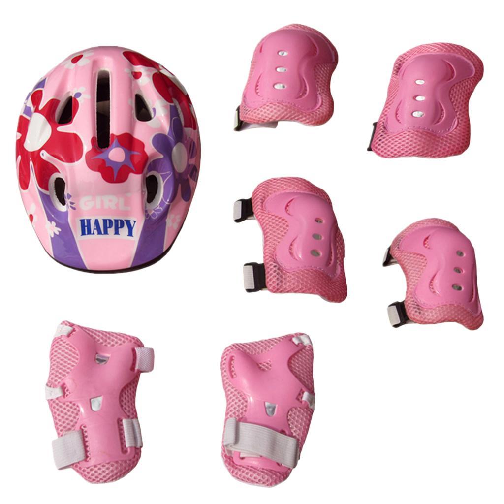 7Pcs Kid Child Roller Skating Scooter Helmet Knee Wrist Guard Elbow Pad Pink