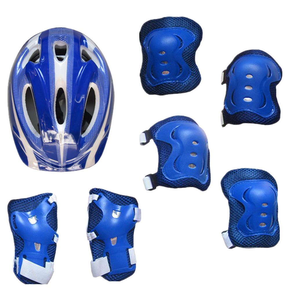 7 Pieces Kids Roller Skating Helmet Knee Elbow Wrist Pads Set dark blue