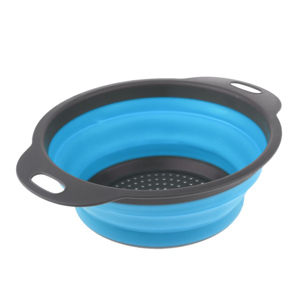 Camping Hiking Collapsible Colander Kitchen Folding Strainer Basket L Blue