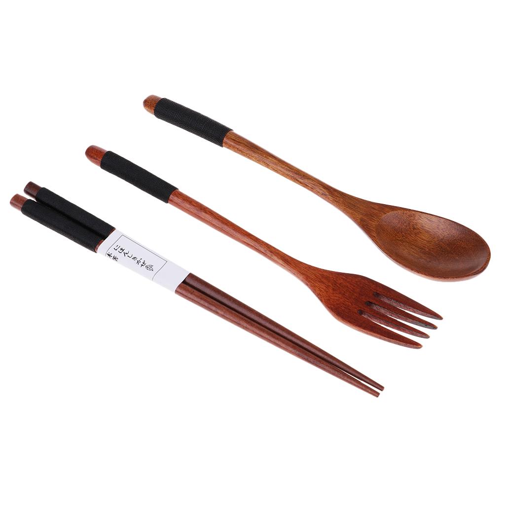 Portable Travel Camping Compact Utensil Set Wood Spoon Fork Chopstick Black String